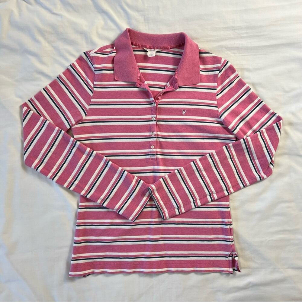 American Eagle Pink Stripe Long Sleeve Polo Shirt Stretch Y2K L Vintage - Picture 4 of 7